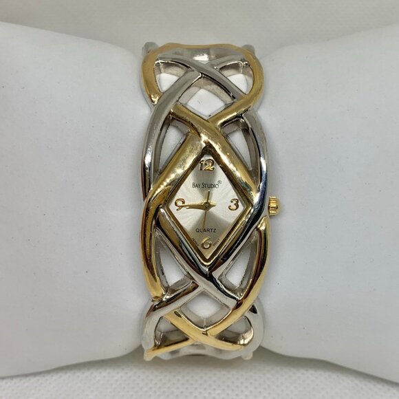 Bay studio women gold silver tone cuff bracelet watch 21mm quartz 7” running - Picture 1 of 6